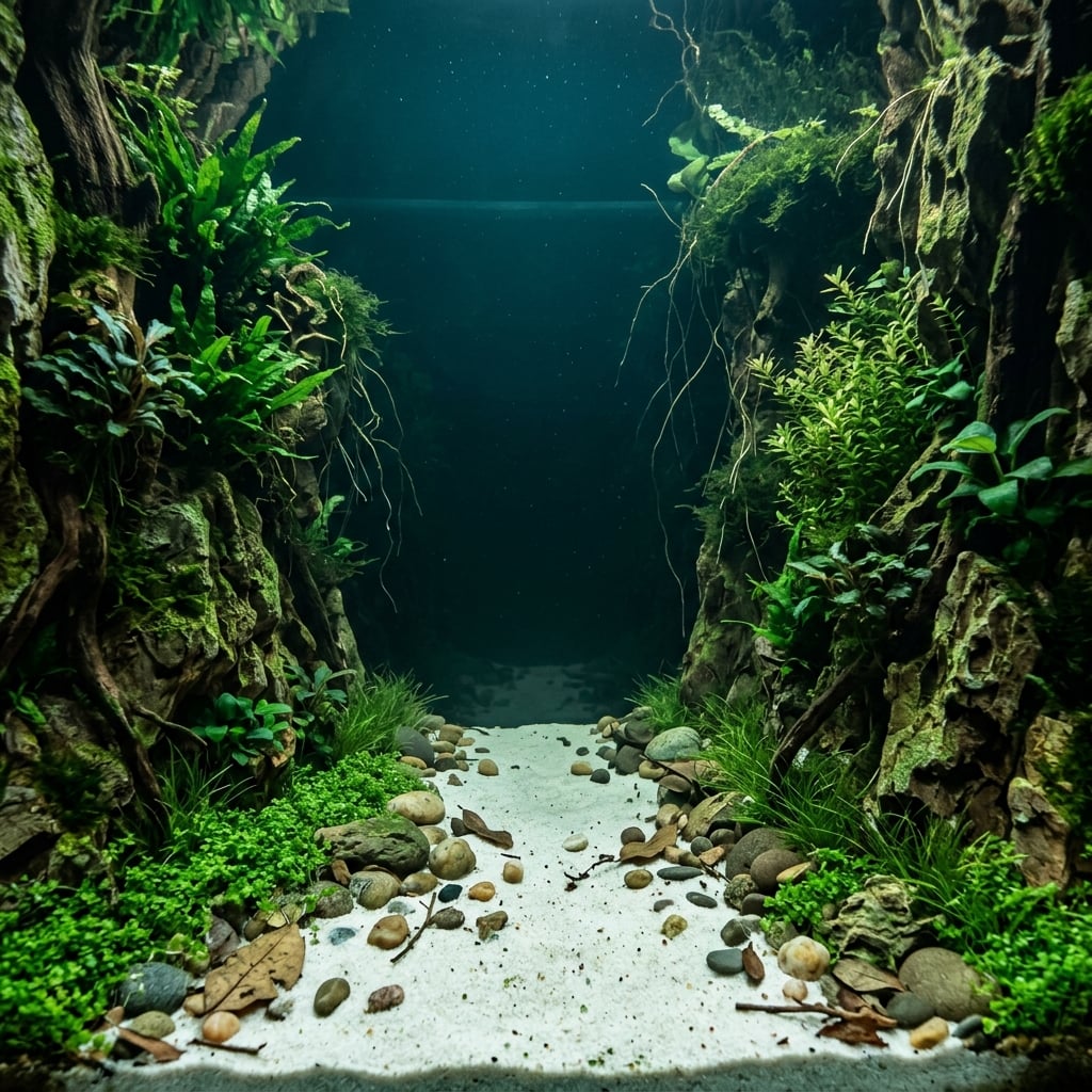 Underwater aquascape floor with sand path and carpet plants