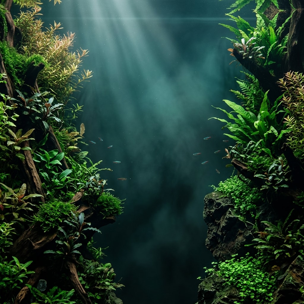 Underwater aquascape with lush plants framing the view