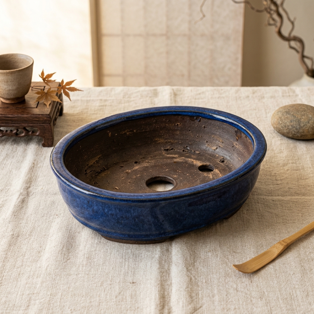 Glazed Oval Pot — Blue